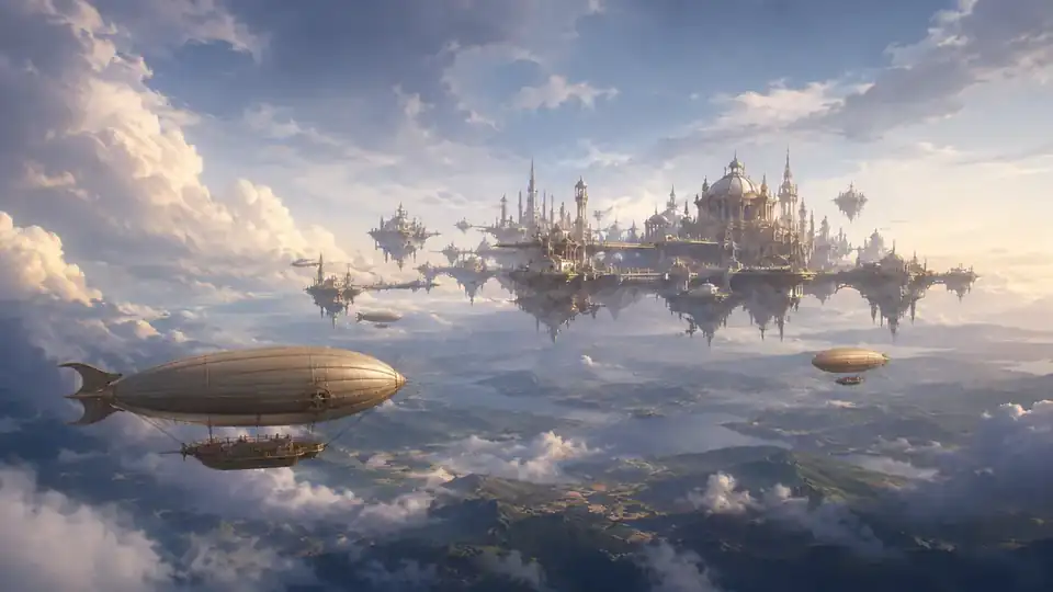 Aerithan floating city and blimps