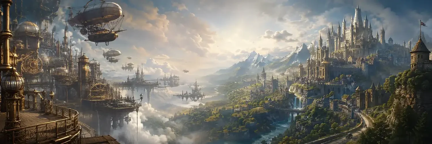 Fantasy and steampunk worlds banner